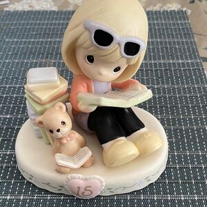 Precious Moments Charming Girl and Bear Reading Figurine - Cream and Black